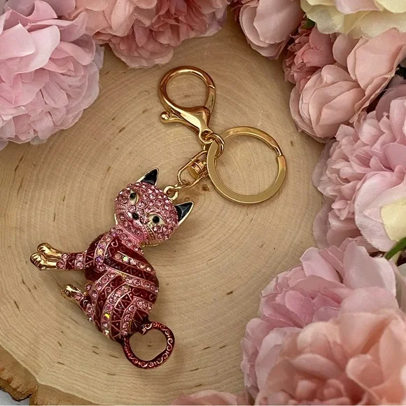 Pink Striped Crystal Egyptian Tabby Cat Keychain Charm - Picture 9 of 16